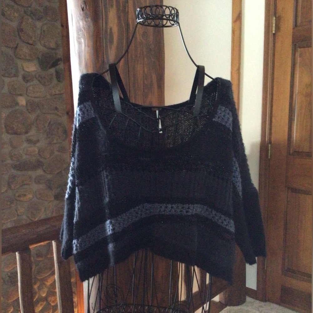 Free People Womens Waffle Knit Crop Pullover Navy/Black Sweater - Size SMALL